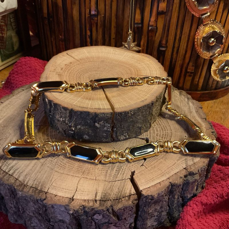 Vintage Black Enamel &amp; Gold-Tone Link Necklace – 18”