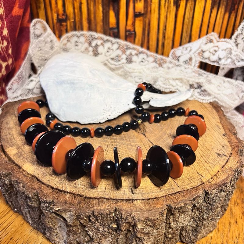 Bold Balance – Art Deco Vintage Plastic Bead Necklace, 20” Statement Strand