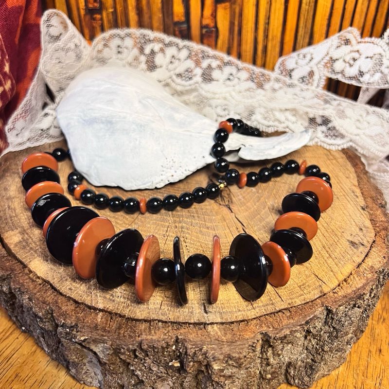 Bold Balance – Art Deco Vintage Plastic Bead Necklace, 20” Statement Strand