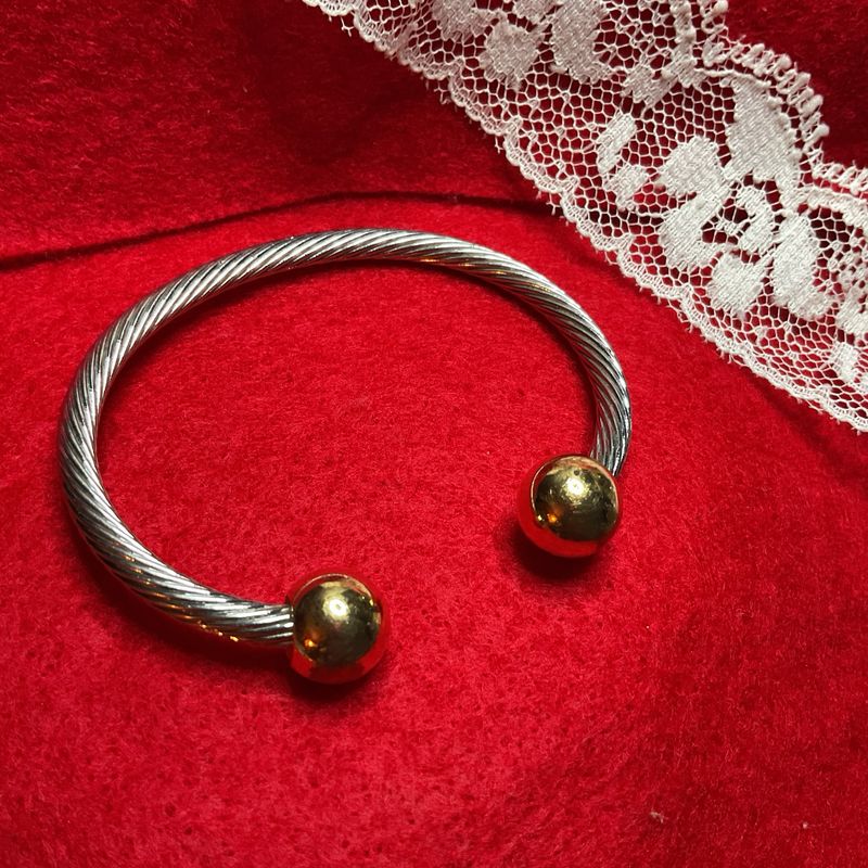 Twisted Spiral Cuff Bracelet | Silver Tone with Gold Ball Tips | Approx. 2.25” | Versatile Vintage Accent