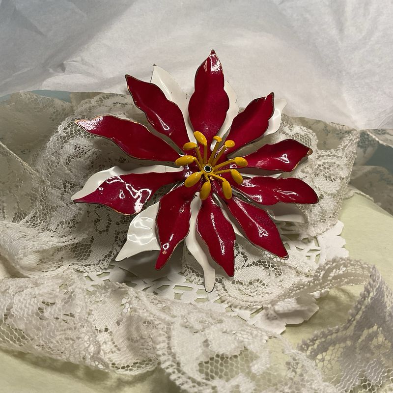 Holiday Bloom Brooch – Red &amp; White Enamel Poinsettia, Vintage Estate Statemen