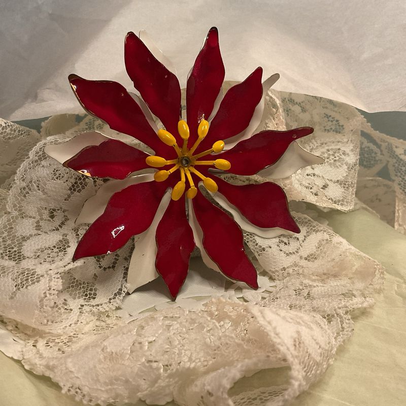 Holiday Bloom Brooch – Red &amp; White Enamel Poinsettia, Vintage Estate Statemen