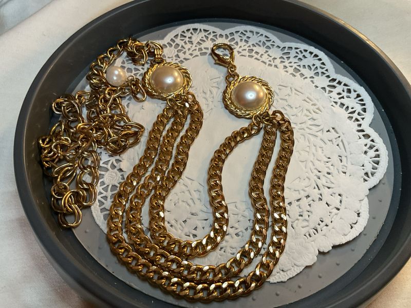 Gold Tone Triple Strand Belt with Pearl Cabochons – 44” Adjustable Statement Chain, 1960s Retro Glam