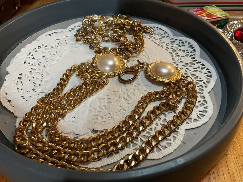 Gold Tone Triple Strand Belt with Pearl Cabochons – 44” Adjustable Statement Chain, 1960s Retro Glam