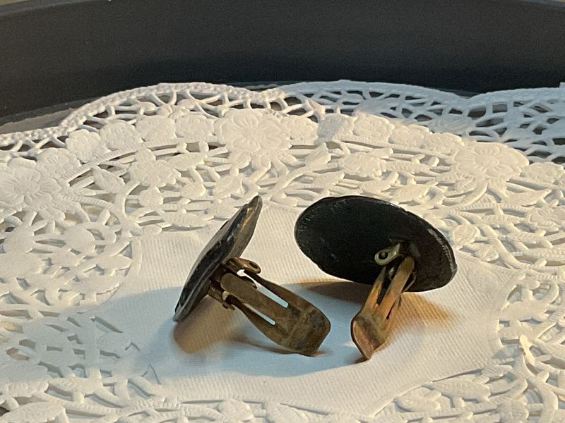 Mid-Century Clip-On Earrings – Vintage Brass &amp; Black with Raised Silver Design, 1.25” x 1”