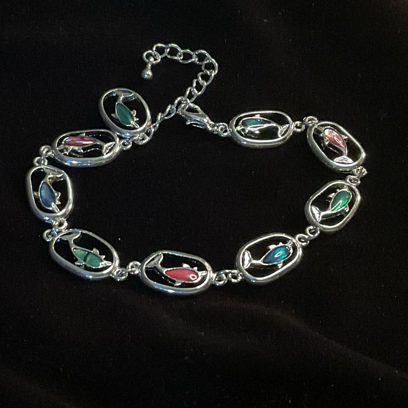 Dolphin Bracelet with Paua Shell Inlay – Silver Tone Ocean-Inspired Gift, Adjustable Vintage Charm