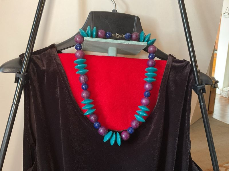 Colorplay Necklace – Elongated Turquoise &amp; Plum Beads, 1970s Vintage Joy