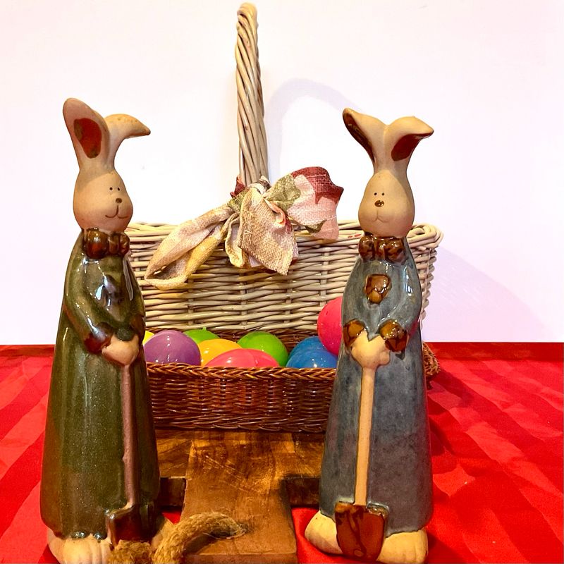 Glazed Vintage Ceramic Easter Bunny Figurines – Blue &amp; Green Garden Rabbits (8”x2”x3”)
