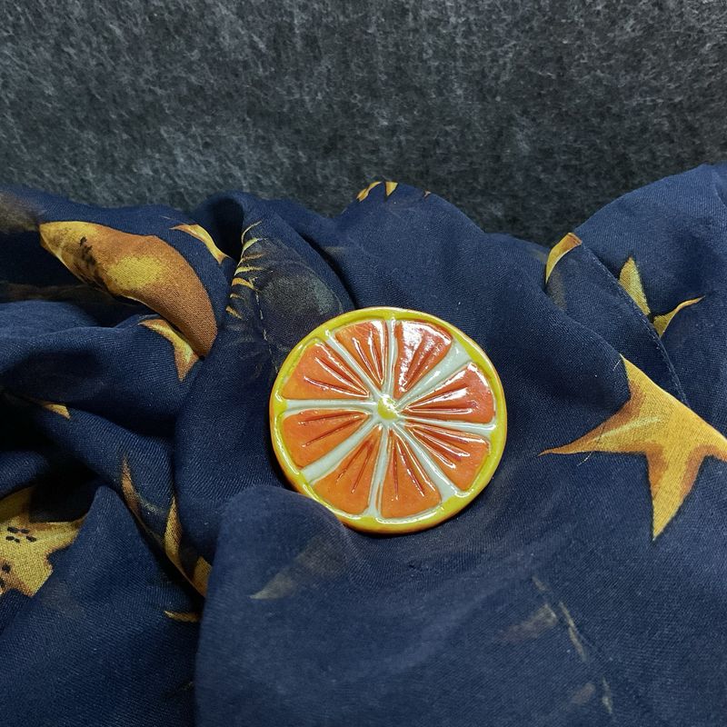 Hand-Painted Citrus Slice Pin – Orange Enamel Brooch (1.75”), Made in Taiwan, Estate Collection