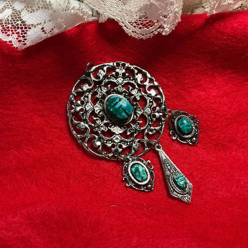 Egyptian Style Pendant with Turquoise Scarabs – Silver Tone Medallion, Vintage Statement Jewelry