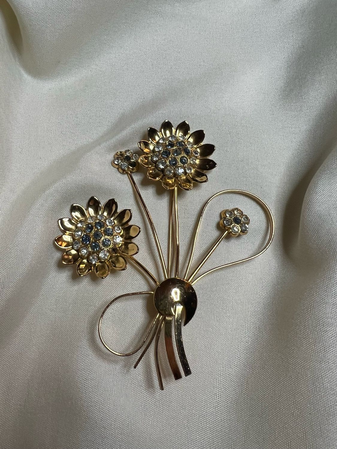 Signed Corocraft Floral Brooch – Gold-Coated Sterling Silver with Rhinestone Blossoms