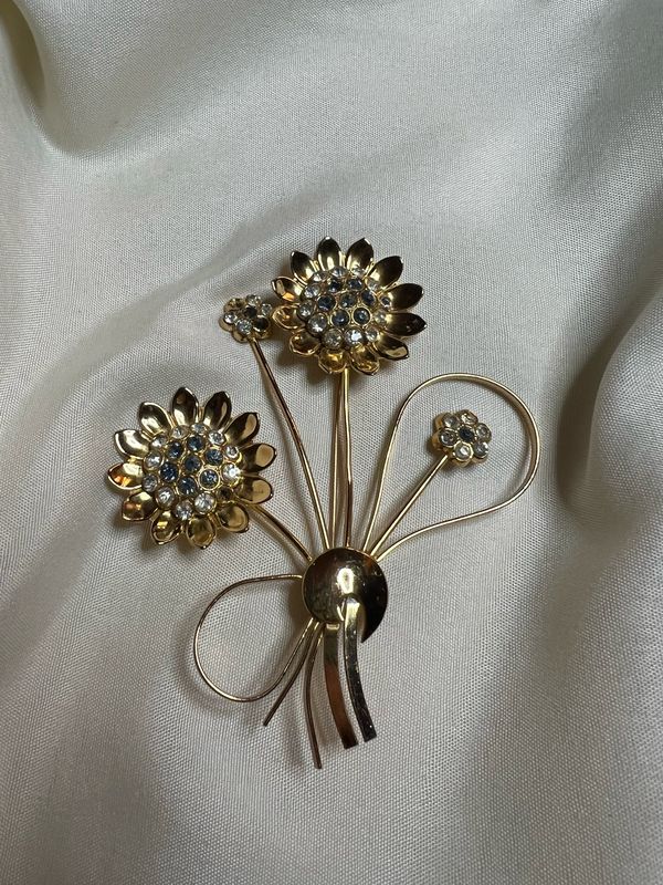 Signed Corocraft Floral Brooch – Gold-Coated Sterling Silver with Rhinestone Blossoms