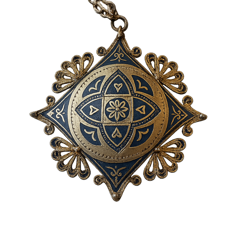 Golden Filigree Damascene Pendant Necklace – Vintage Spanish Inlay Elegance