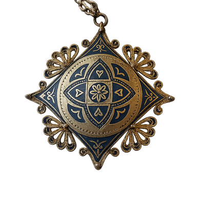 Golden Filigree Damascene Pendant Necklace – Vintage Spanish Inlay Elegance