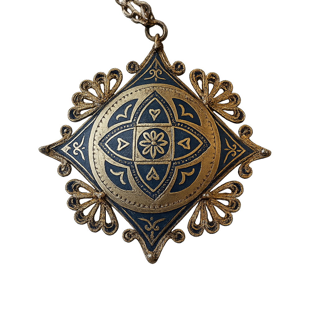 Golden Filigree Damascene Pendant Necklace – Vintage Spanish Inlay Elegance