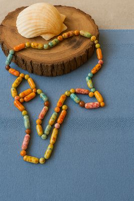 Multi-Colored Beaded 48” Necklace – Elongated Semi-Flat Beads, Vintage Layering Joy