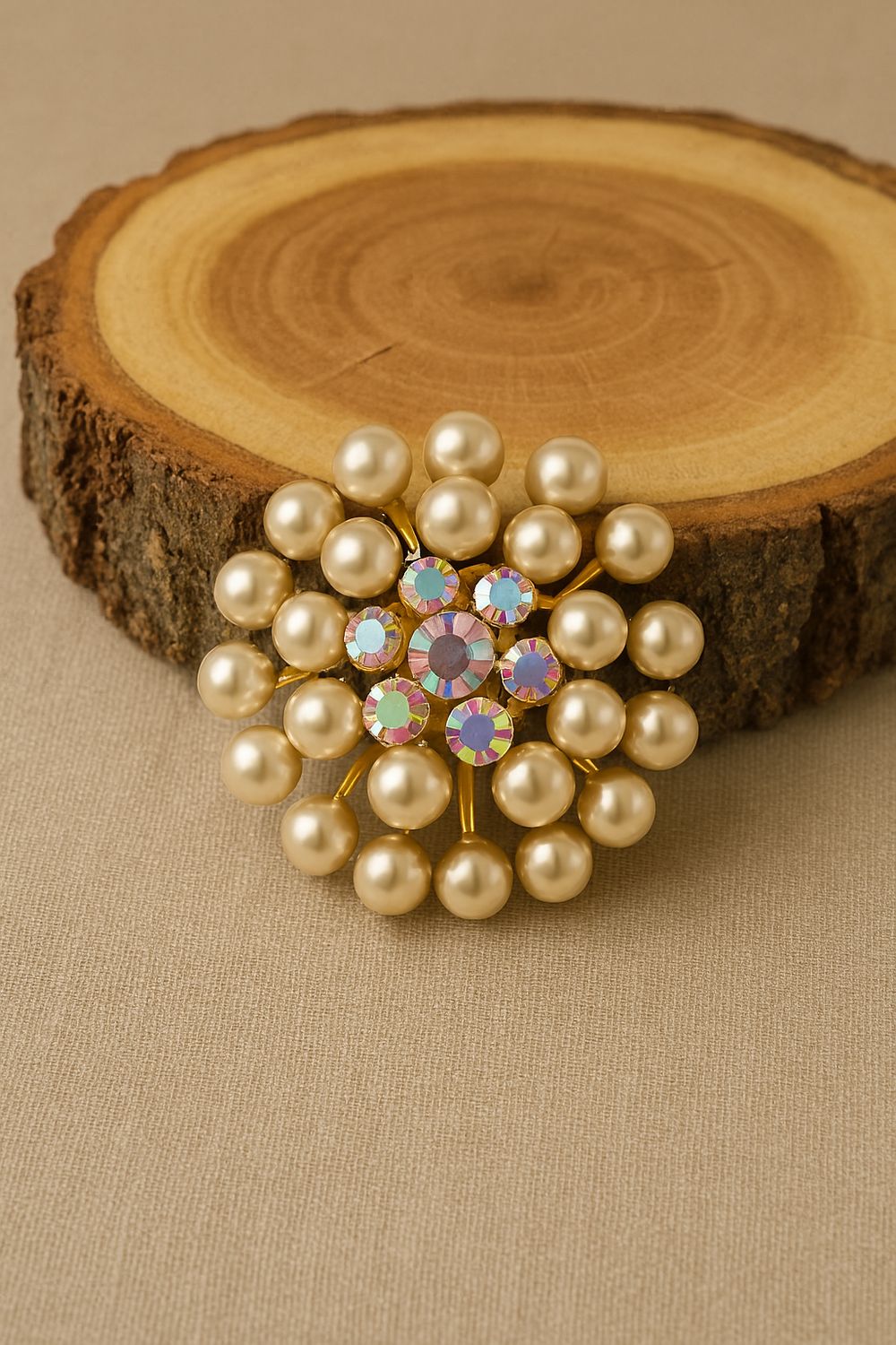 1950s Aurora Borealis Brooch with Faux Pearls – Gold-Tone Floral Starburst
