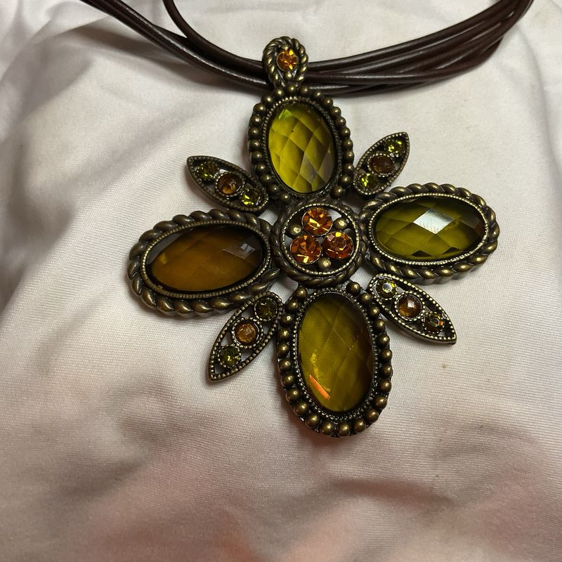 Brass Pendant Necklace – Faceted Green &amp; Amber Stones, Vintage Earthbound Elegance 