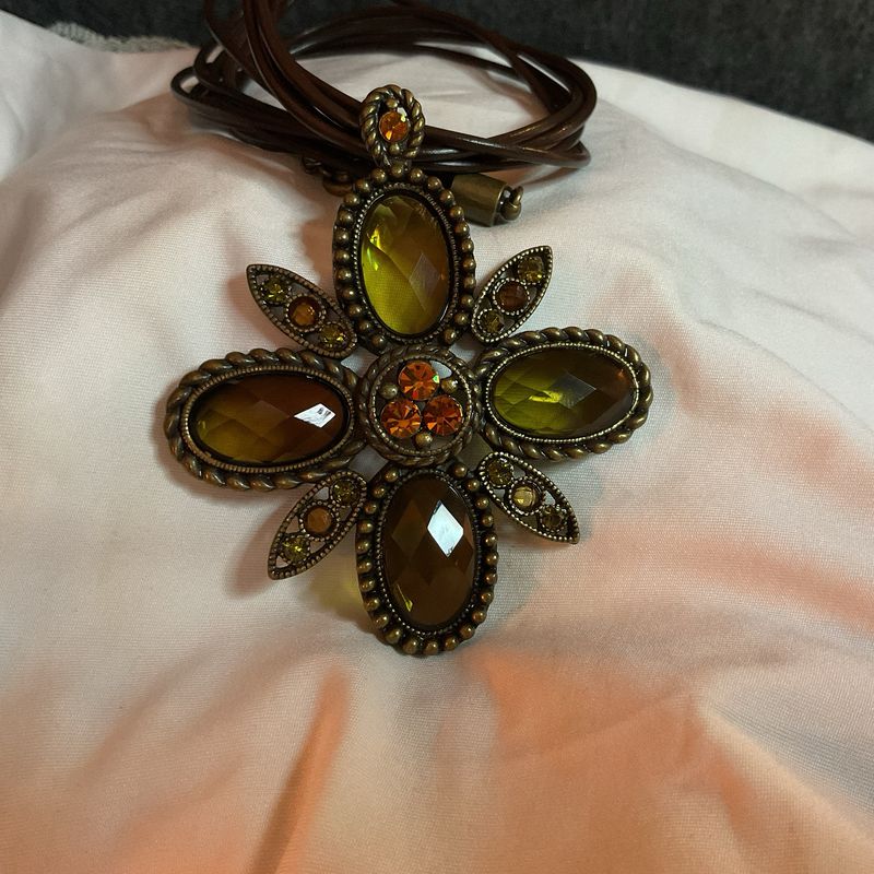 Brass Pendant Necklace – Faceted Green &amp; Amber Stones, Vintage Earthbound Elegance 