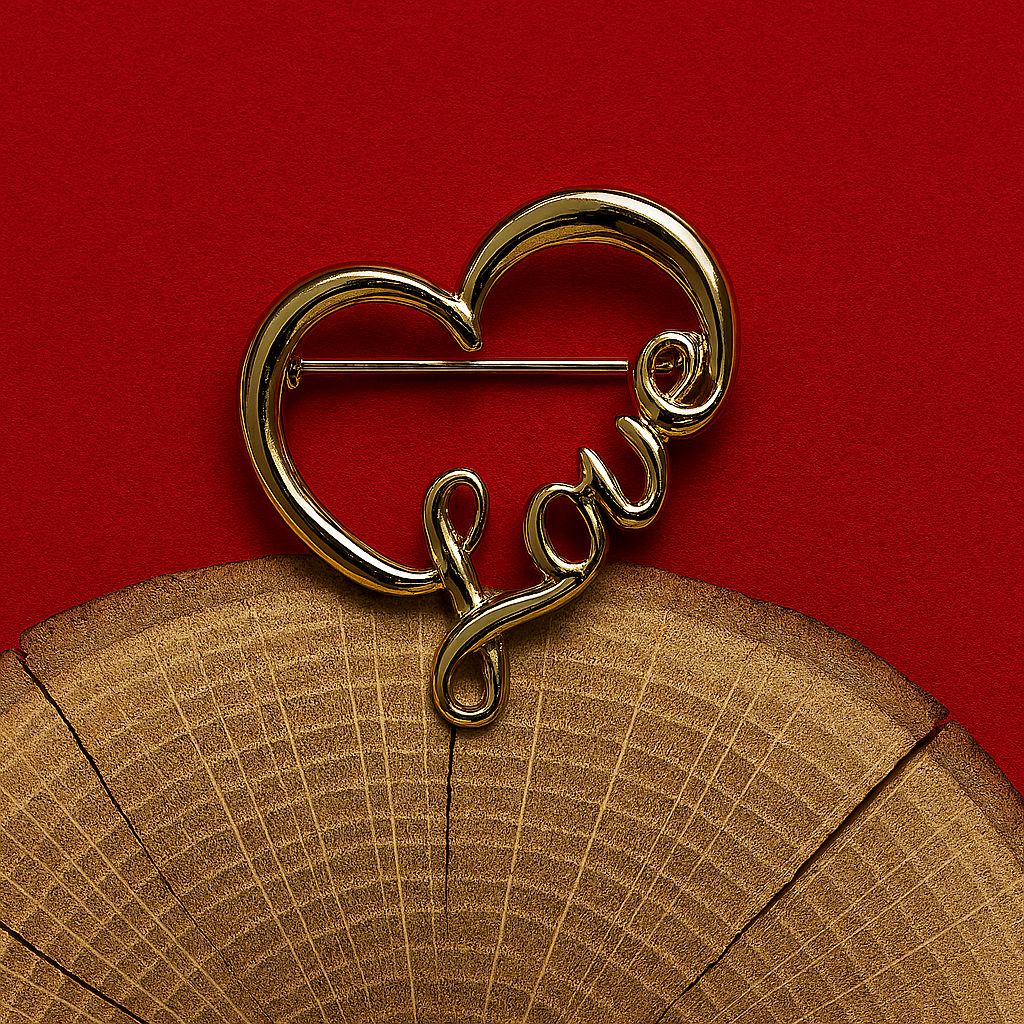Heart-Shaped “Love” Brooch – Vintage Gold Tone Pin, Faith-Inspired Statement Jewelry