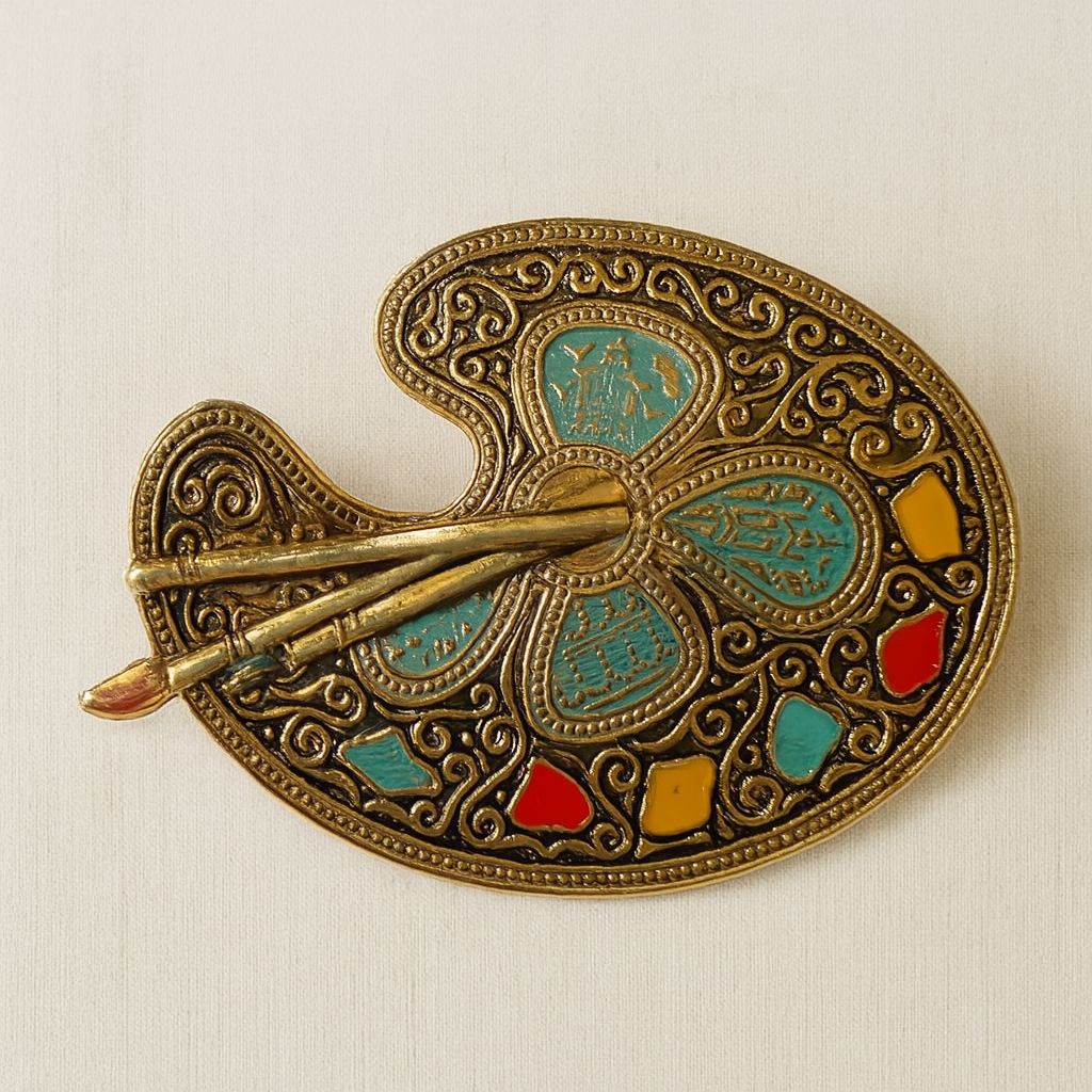 Artist’s Palette Brooch – Enamel &amp; Gold Tone Tribute to Creativity, Vintage Signed Spain
