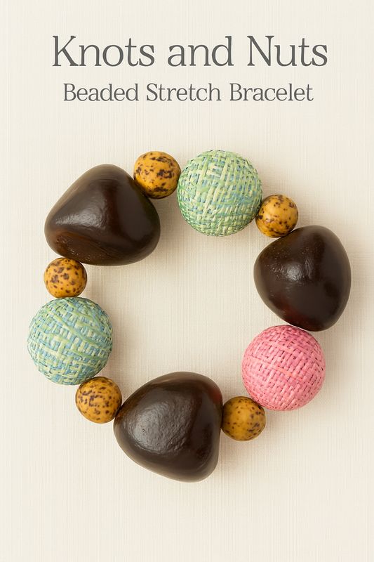 Knots and Nuts – Handmade Beaded Stretch Bracelet with Wood, Rattan &amp; Speckled Accents
