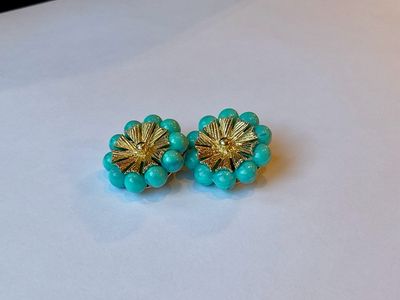 Turquoise Bloom | Signed Coro Clip-On Earrings | Gold Tone | Estate Collection