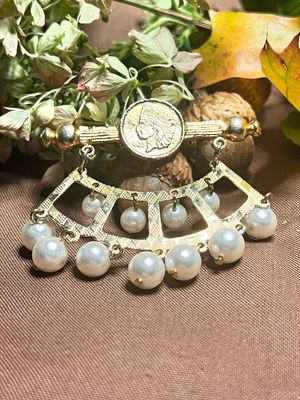 Crowned in Quiet Joy  Vintage Pearl Fan Brooch with Medallion .53 ounces | 1.5” x 2.5”