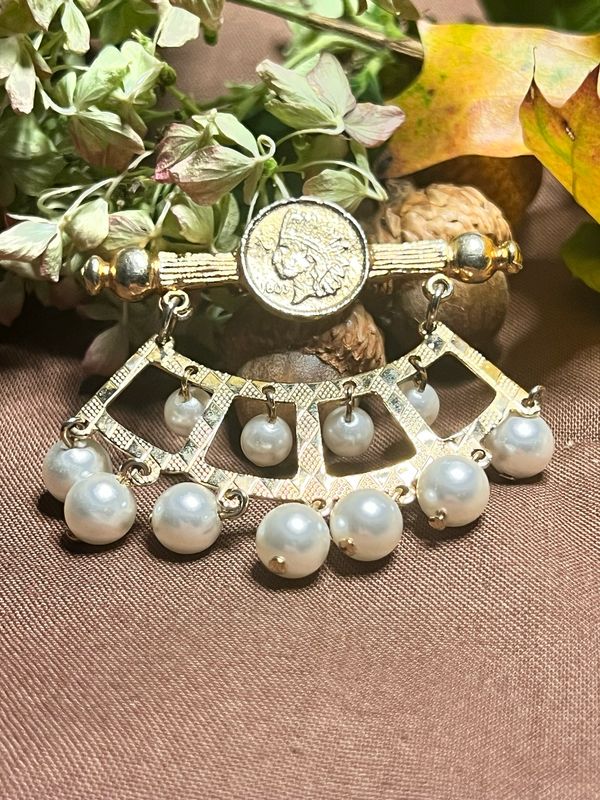 Crowned in Quiet Joy  Vintage Pearl Fan Brooch with Medallion .53 ounces | 1.5” x 2.5”