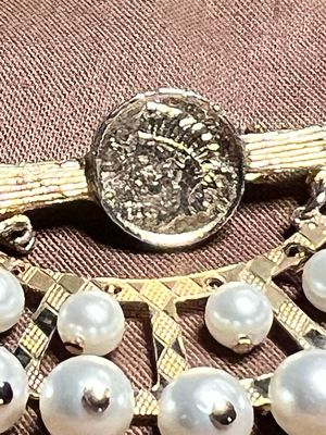 Crowned in Quiet Joy  Vintage Pearl Fan Brooch with Medallion .53 ounces | 1.5” x 2.5”