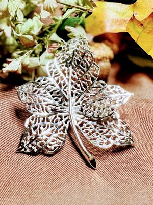 LIFTED LEAF — Signed Silver-Tone Vintage Brooch with Veined Cutouts