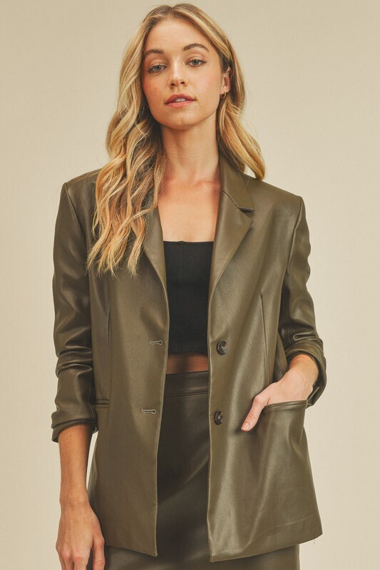 Olive Vegan Leather  Blazer