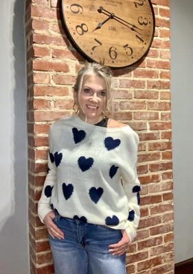 Knit Heart Sweater White\Navy