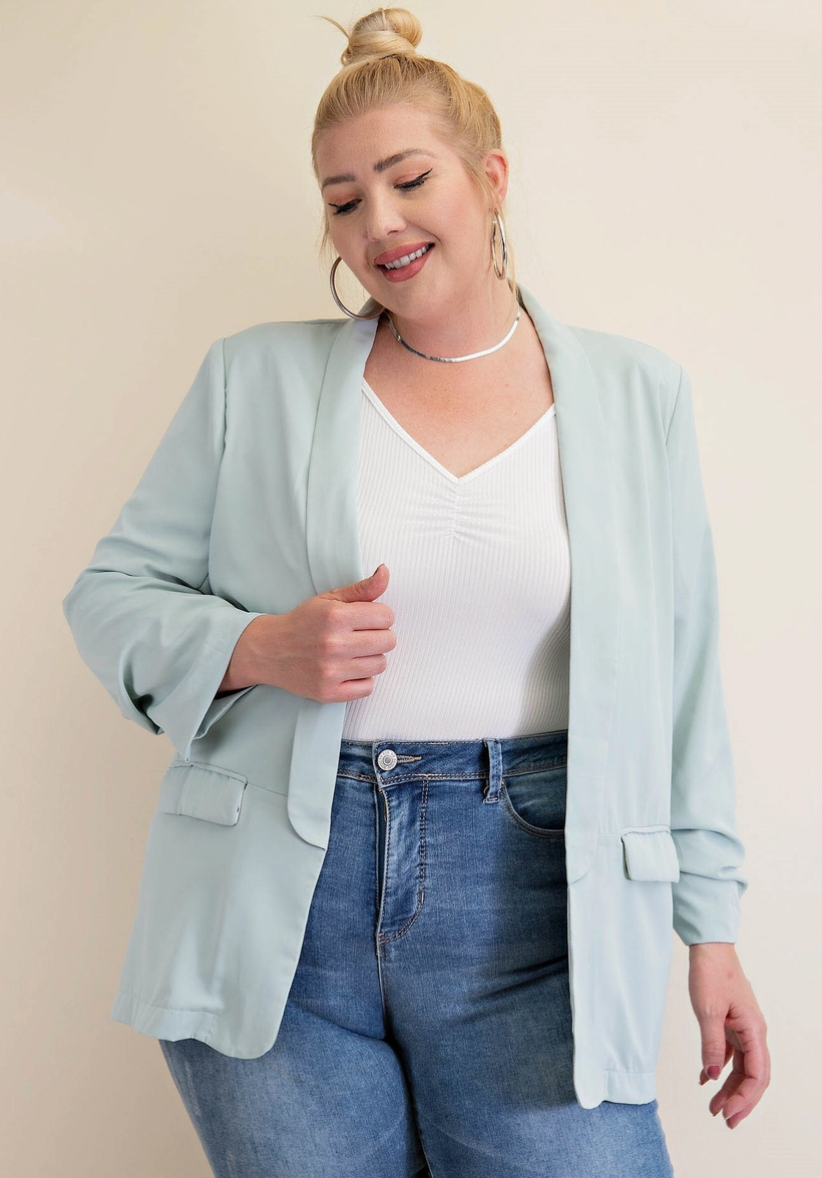 Curvy Sage Ruched Sleeve Blazer