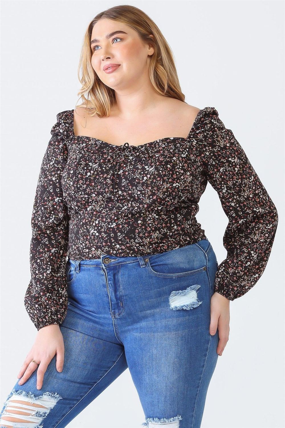 Curvy Black Floral Smocked Top