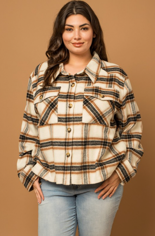 Curvy Plaid Shacket Cream &amp; Brown 
