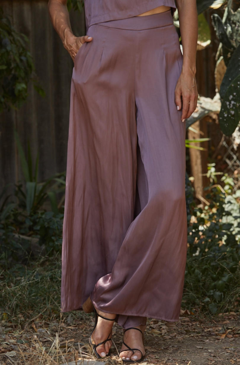 Dusty Plum Wise Leg Satin Pants
