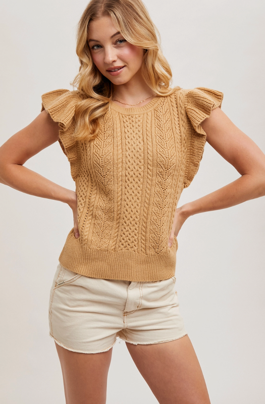 Camel Flutter Sleeve Knit Top