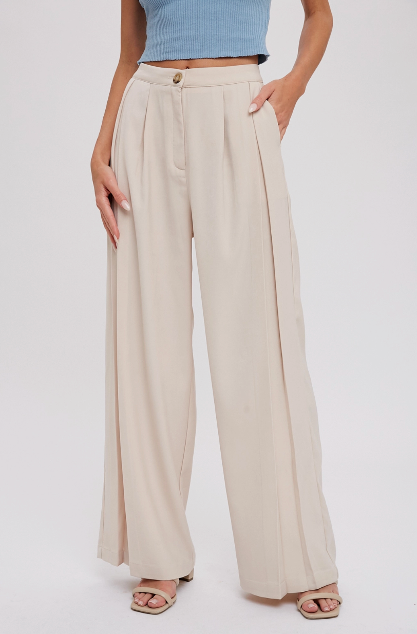 Beige Pintuck Wide Leg Pants