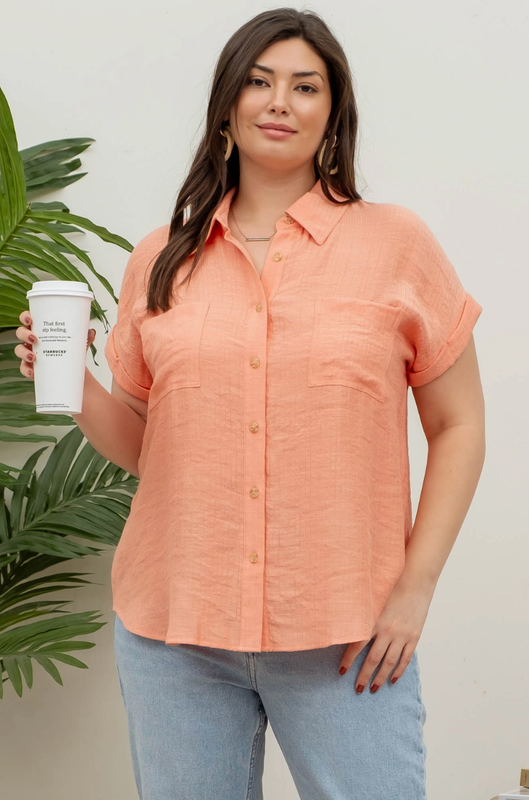 Curvy Peach Crinkle Cuff Button Down 