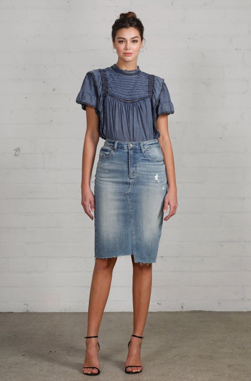 Knee Length Raw Hem Denim Skirt