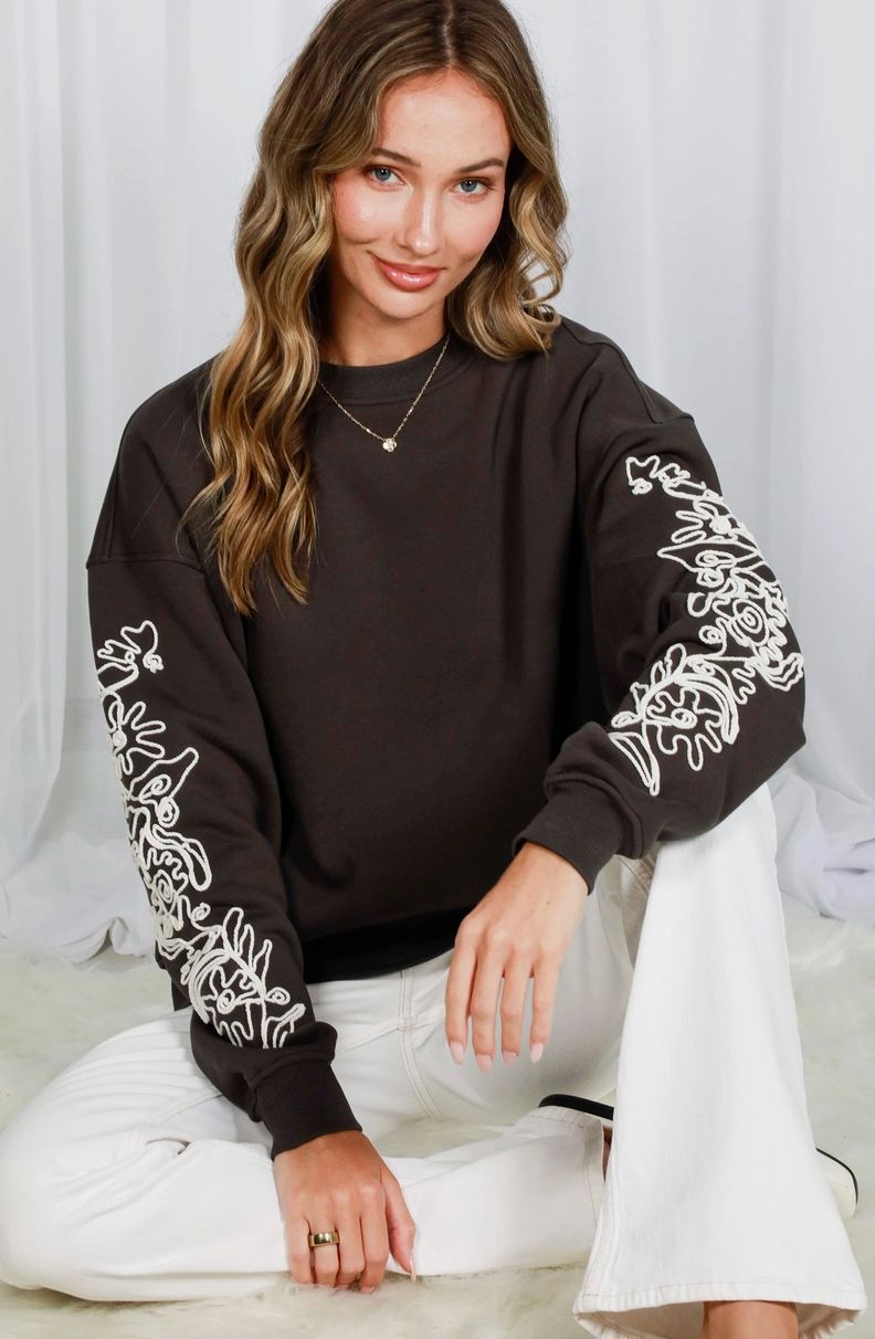 Charcoal Floral Detail Sleeve Sweathshirt