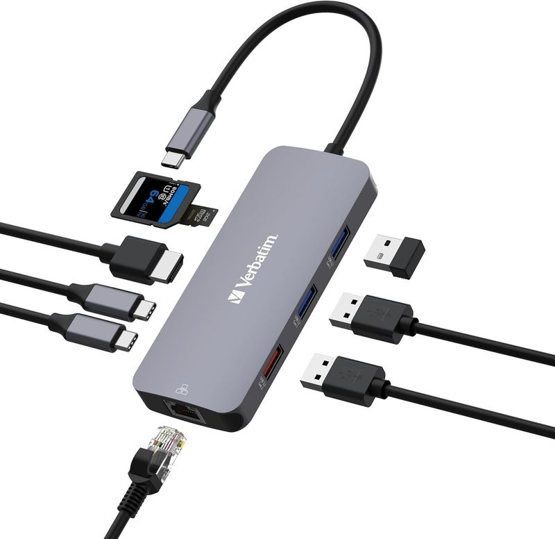Verbatim USB C Hub 9 in 1 Multiport Adapter USB-C to HDMI RJ45 USBA-A and USB-C with SD Card Reader