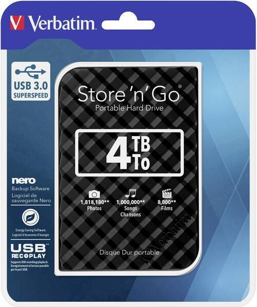 Verbatim Store 'n' Go 4 TB 2.5 Verbatim Store 'n' Go 4 TB 2.5" external hard drive USB 3.2 1st Gen (USB 3.0) Black 53223