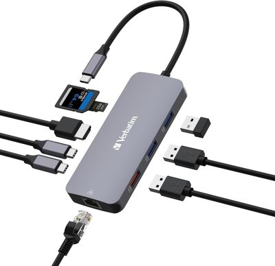 Verbatim USB C Hub 9 in 1 Multiport Adapter USB-C to HDMI RJ45 USBA-A and USB-C with SD Card Reader Verbatim USB C Hub 9 in 1 Multiport Adapter USB-C to HDMI RJ45 USBA-A and USB-C with SD Card Reader