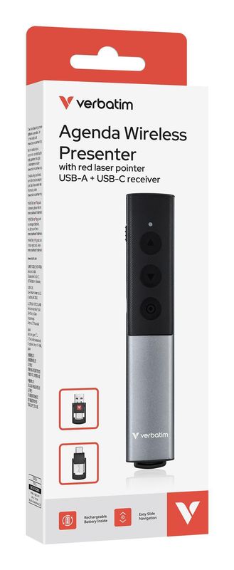Verbatim Agenda Wireless Presenter with Red Laser Pointer Present Like a Pro - Anywhere. Everyday. Verbatim Agenda Wireless Presenter with Red Laser Pointer Present Like a Pro - Anywhere. Everyday.