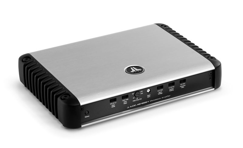 JL Audio HD1200/1 Monoblock Amplifier, top-front and left corner, flap open