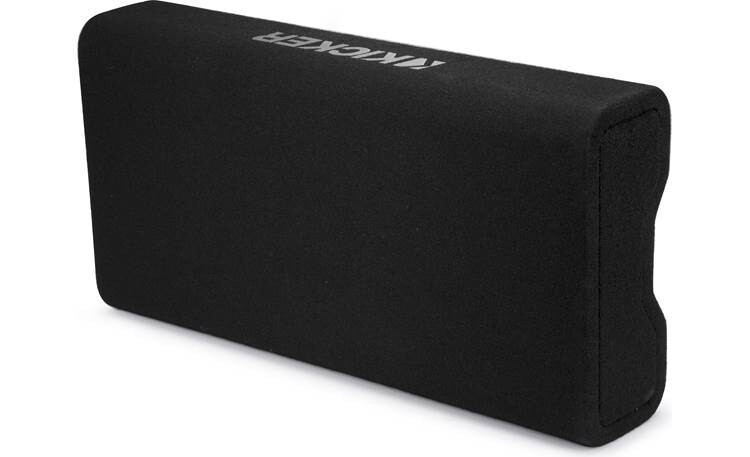Kicker TRTP102 Slim Down-Firing Enclosure with CompRT 10-Inch Shallow-Mount Subwoofer and Passive Radiator, top-side angle