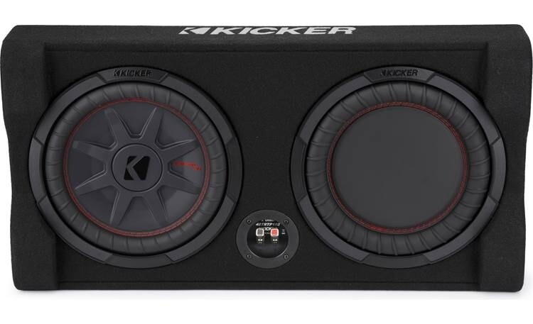 Kicker TRTP102 Slim Down-Firing Enclosure with CompRT 10-Inch Shallow-Mount Subwoofer and Passive Radiator, closeup front