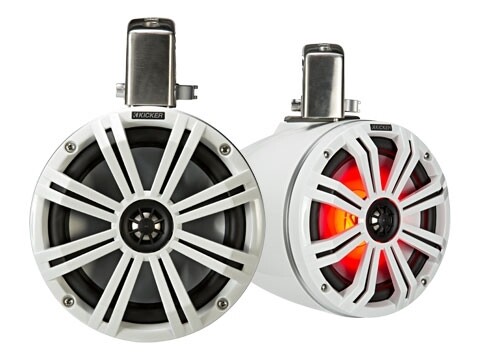Kicker KMTC8 Loaded Marine Tower Speakers, pair, front and front-side